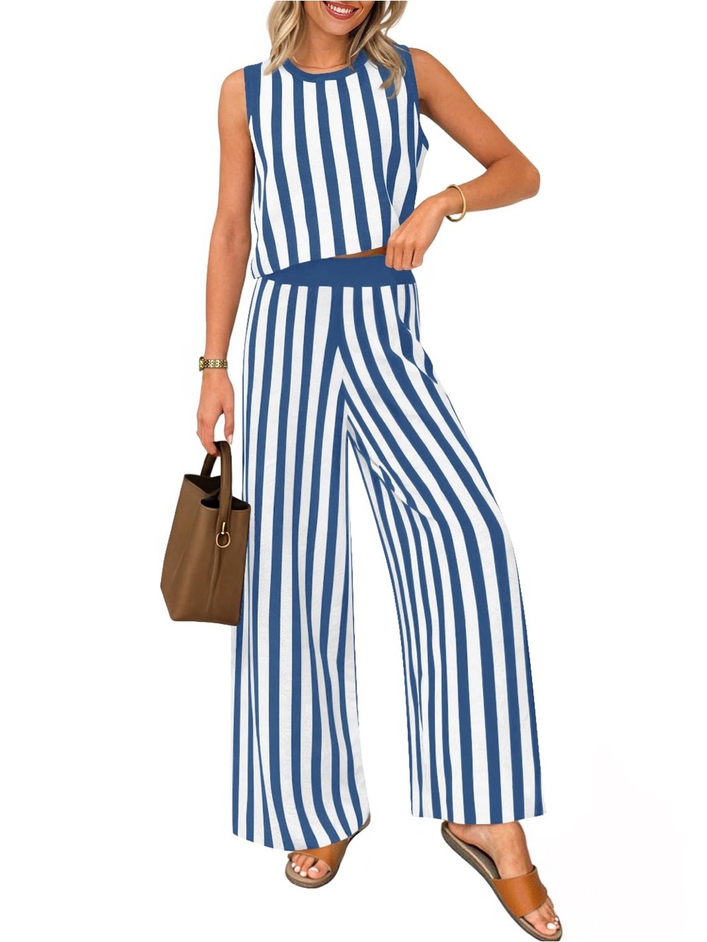 NWT Zesica Blue & White Striped Tank Top + Wide-Leg Pants Set (L)